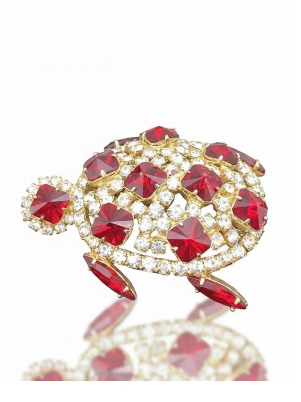 Vintage Juliana Style Red Rivoli Rhinestone Turtle Brooch Large 2.25"
